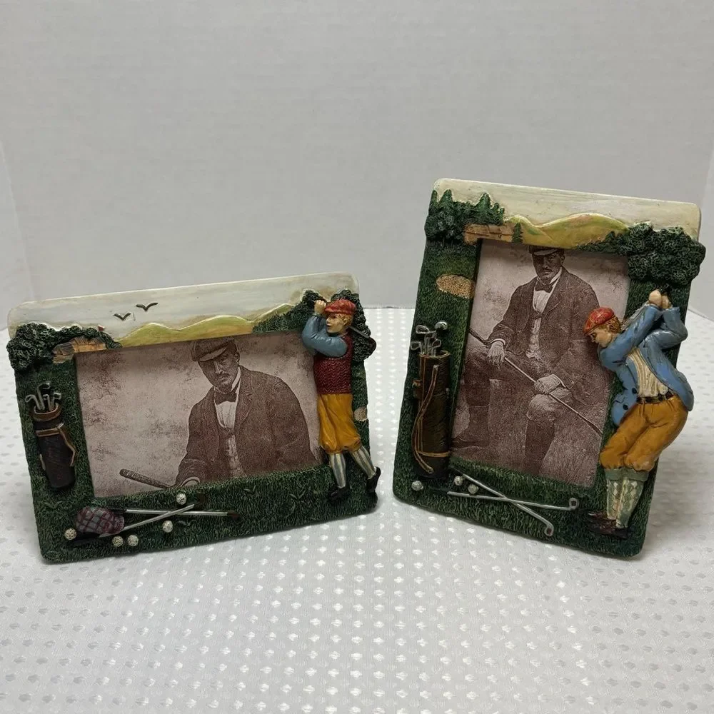 Vintage 3D Resin Golfer Tabletop Photo Frames Set of 2